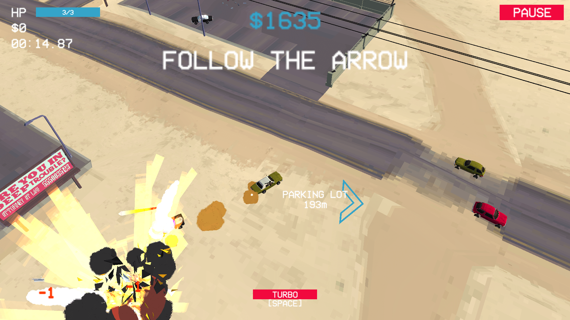 Fury Chase gameplay screenshot showing high-speed car chase and explosions4