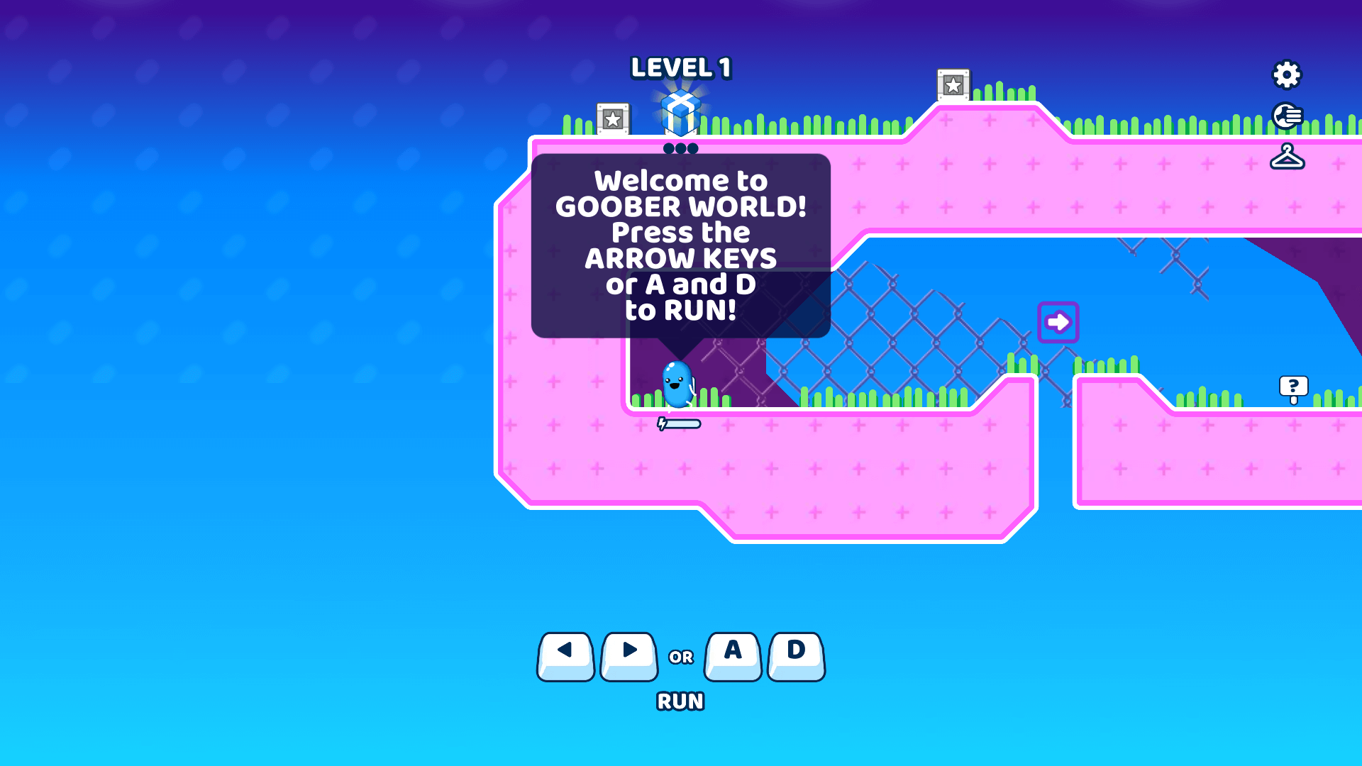 Player jumping over deadly traps and gears in Goober World platform game3