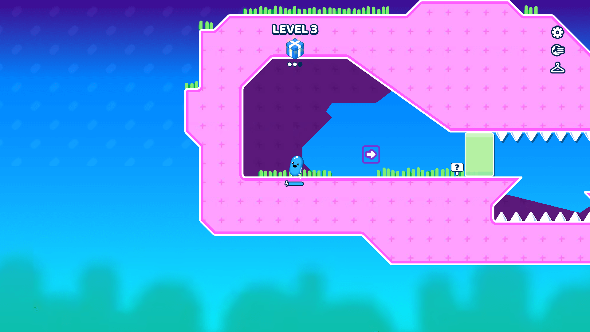 Player jumping over deadly traps and gears in Goober World platform game1