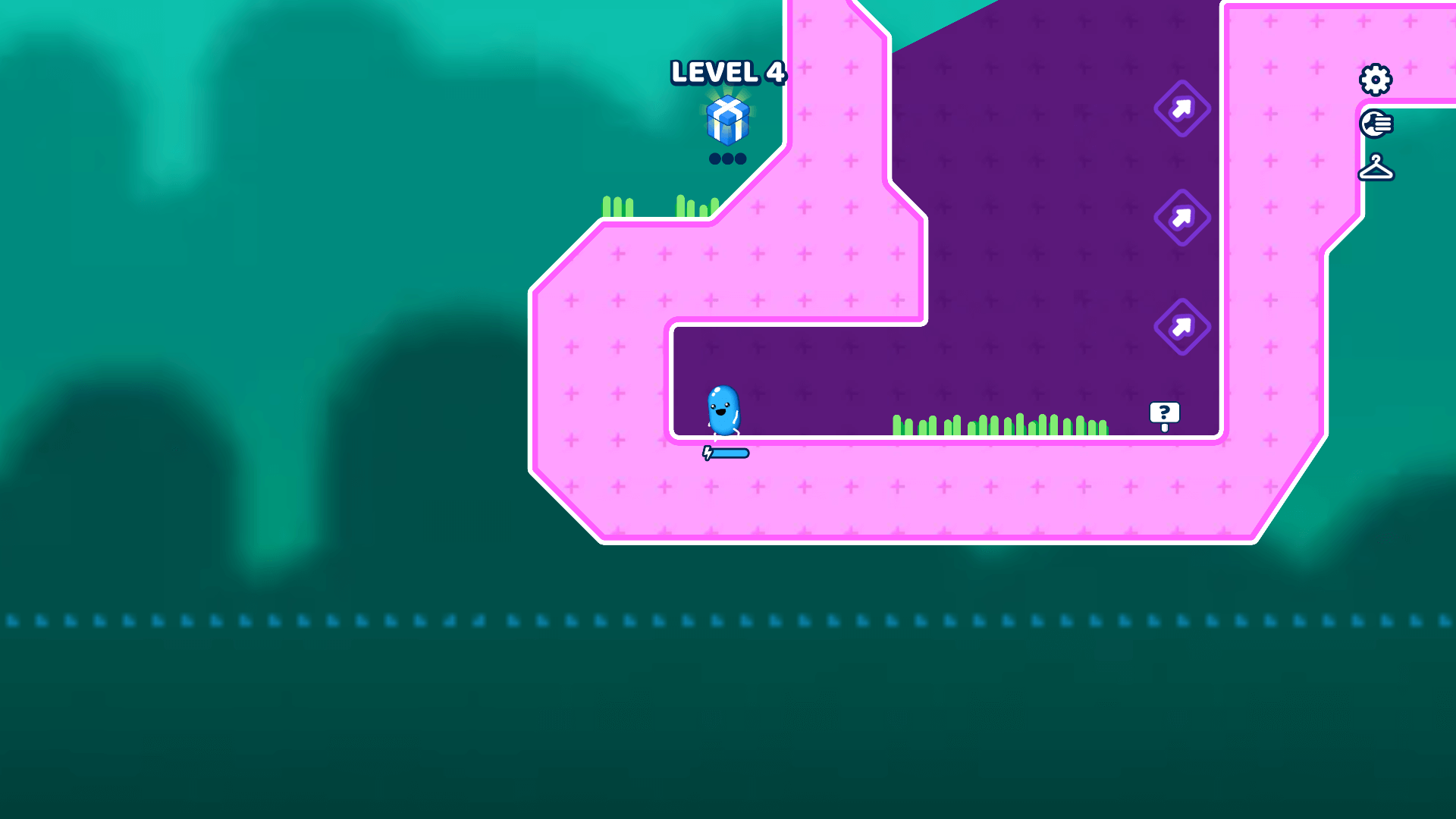 Player jumping over deadly traps and gears in Goober World platform game