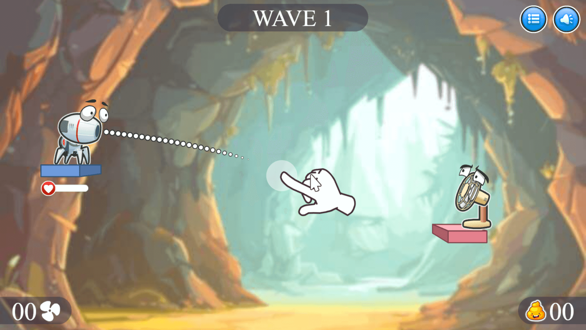 Screenshot of Hit the Fan during a power-up explosion, displaying multiple poop blasts and defeated fans flying off screen with comic-style effects5