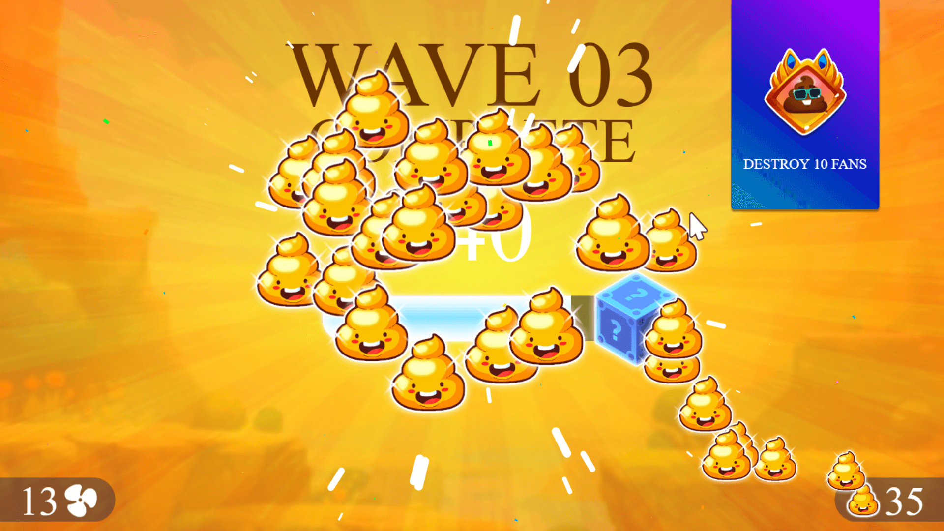 Screenshot of Hit the Fan during a power-up explosion, displaying multiple poop blasts and defeated fans flying off screen with comic-style effects2