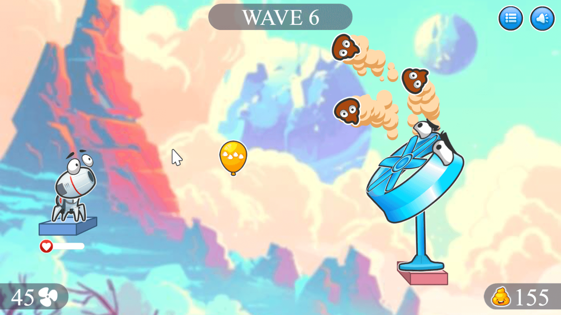 Screenshot of Hit the Fan during a power-up explosion, displaying multiple poop blasts and defeated fans flying off screen with comic-style effects1