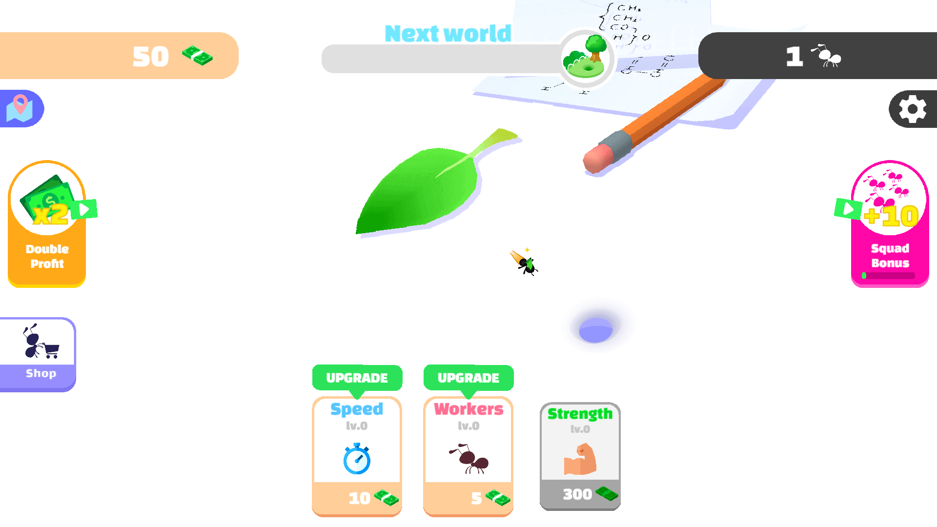 Idle Ants gameplay with ants carrying food pieces to the burrow5
