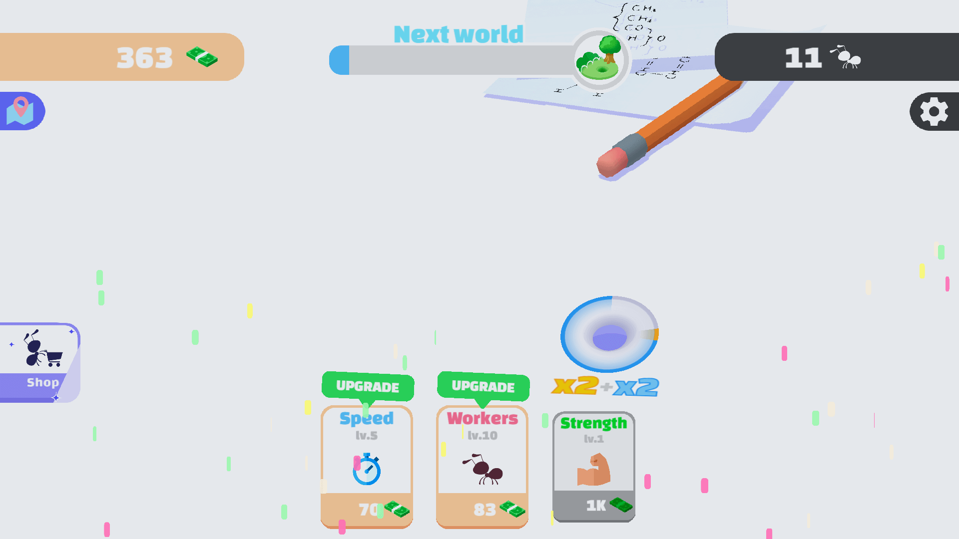 Idle Ants gameplay with ants carrying food pieces to the burrow4