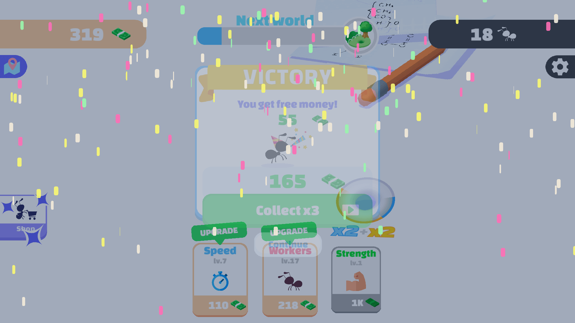 Idle Ants gameplay with ants carrying food pieces to the burrow2