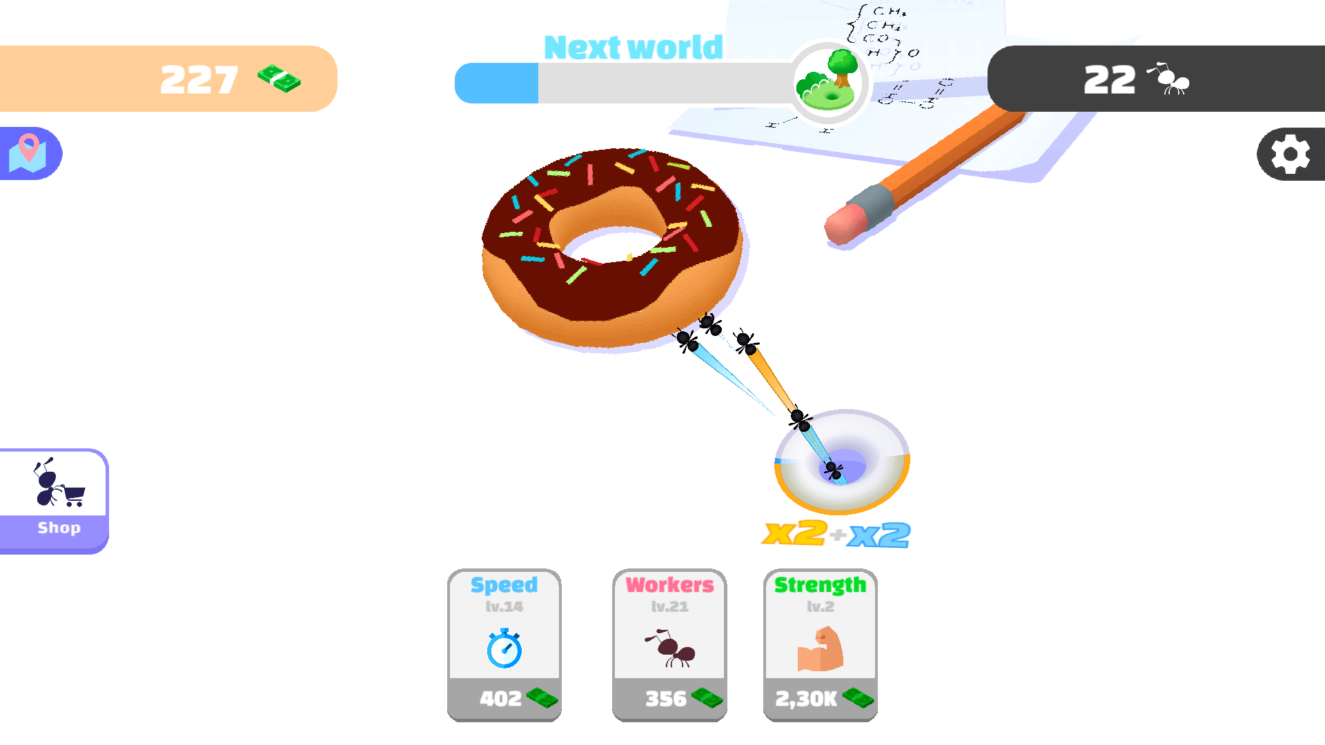 Idle Ants gameplay with ants carrying food pieces to the burrow