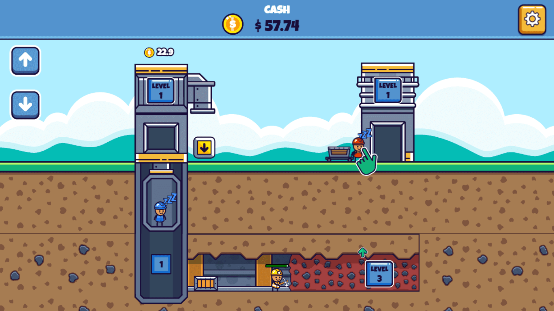 Idle Mining Empire gameplay showing miners extracting resources underground2