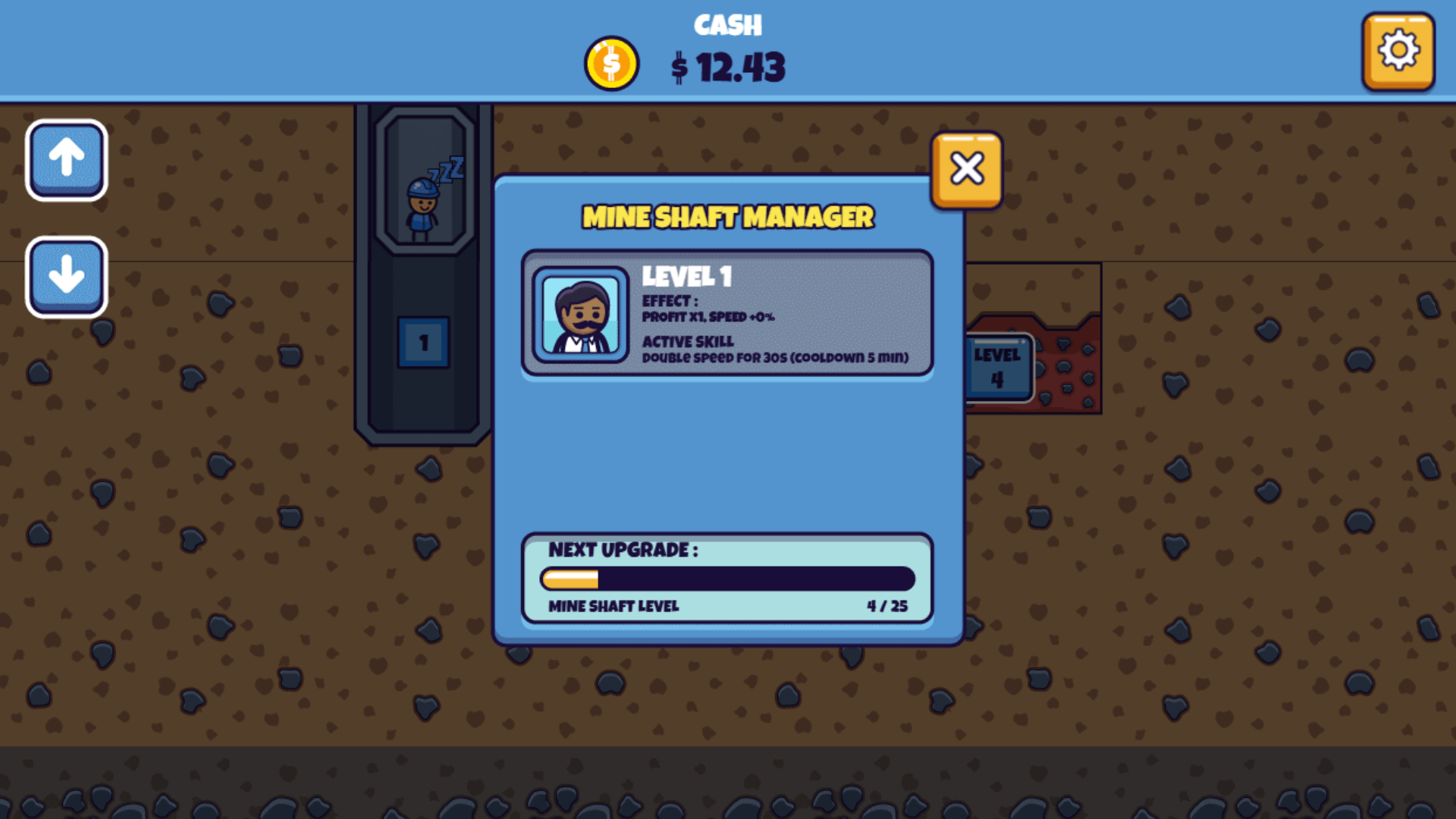 Idle Mining Empire gameplay showing miners extracting resources underground