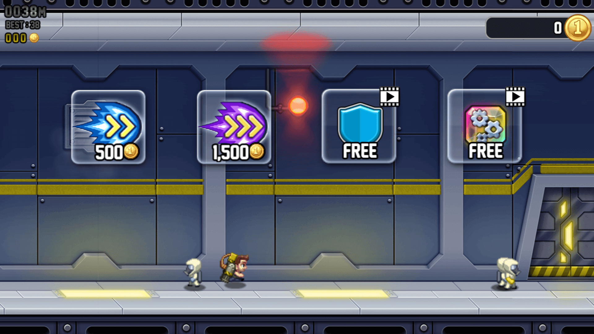 Barry riding the Lil' Stomper vehicle power-up, smashing through obstacles in Jetpack Joyride2
