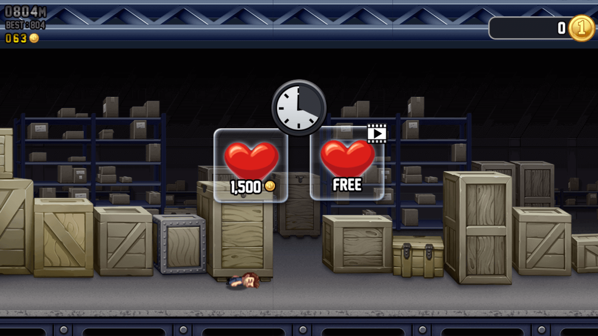 Barry riding the Lil' Stomper vehicle power-up, smashing through obstacles in Jetpack Joyride1