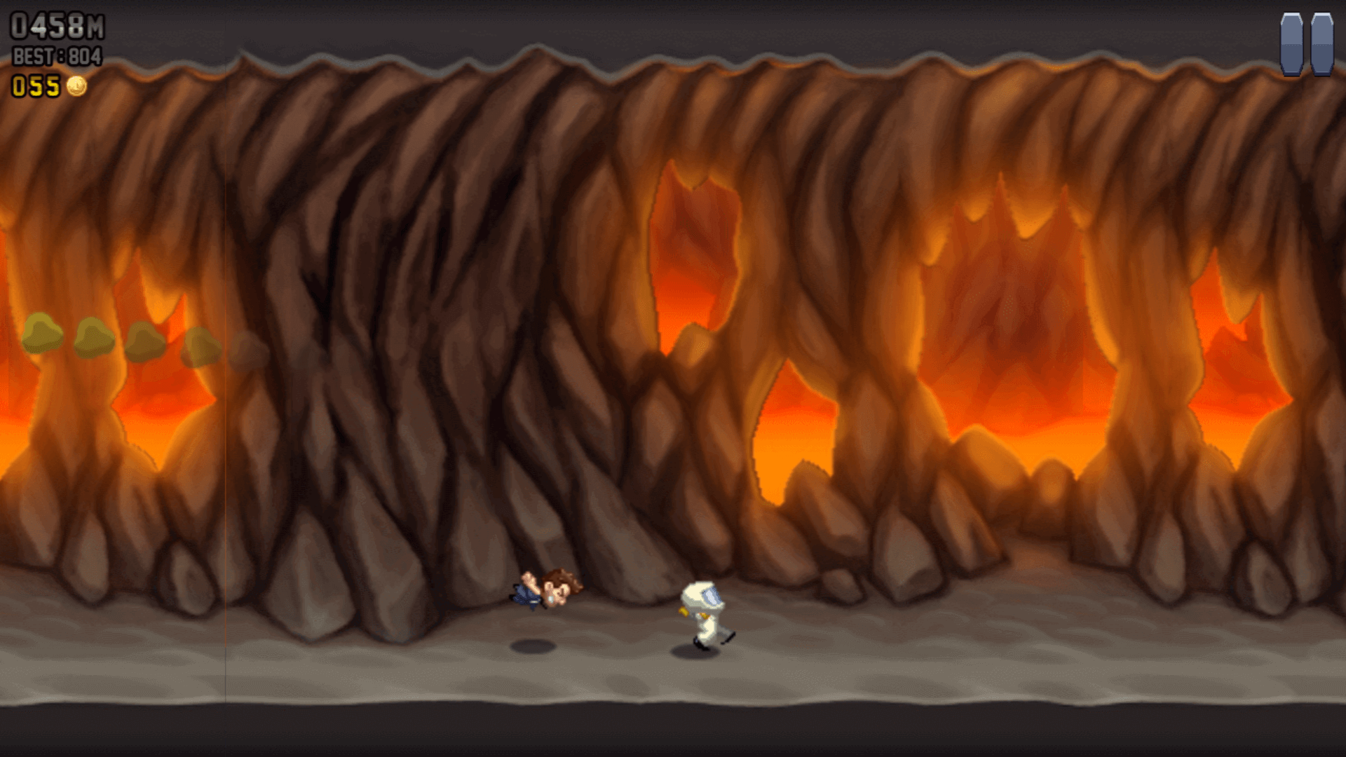 Barry riding the Lil' Stomper vehicle power-up, smashing through obstacles in Jetpack Joyride