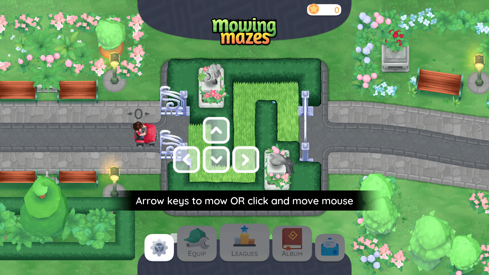 Custom character riding a mower through a vibrant garden maze in Mowing Mazes4