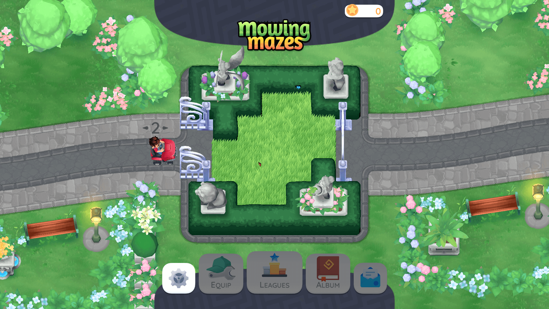 Custom character riding a mower through a vibrant garden maze in Mowing Mazes3