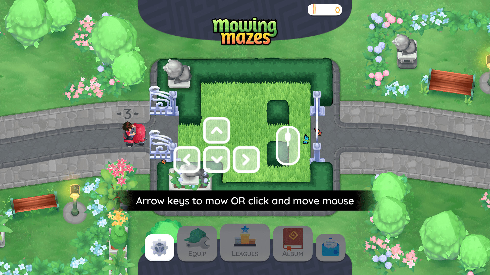 Custom character riding a mower through a vibrant garden maze in Mowing Mazes2