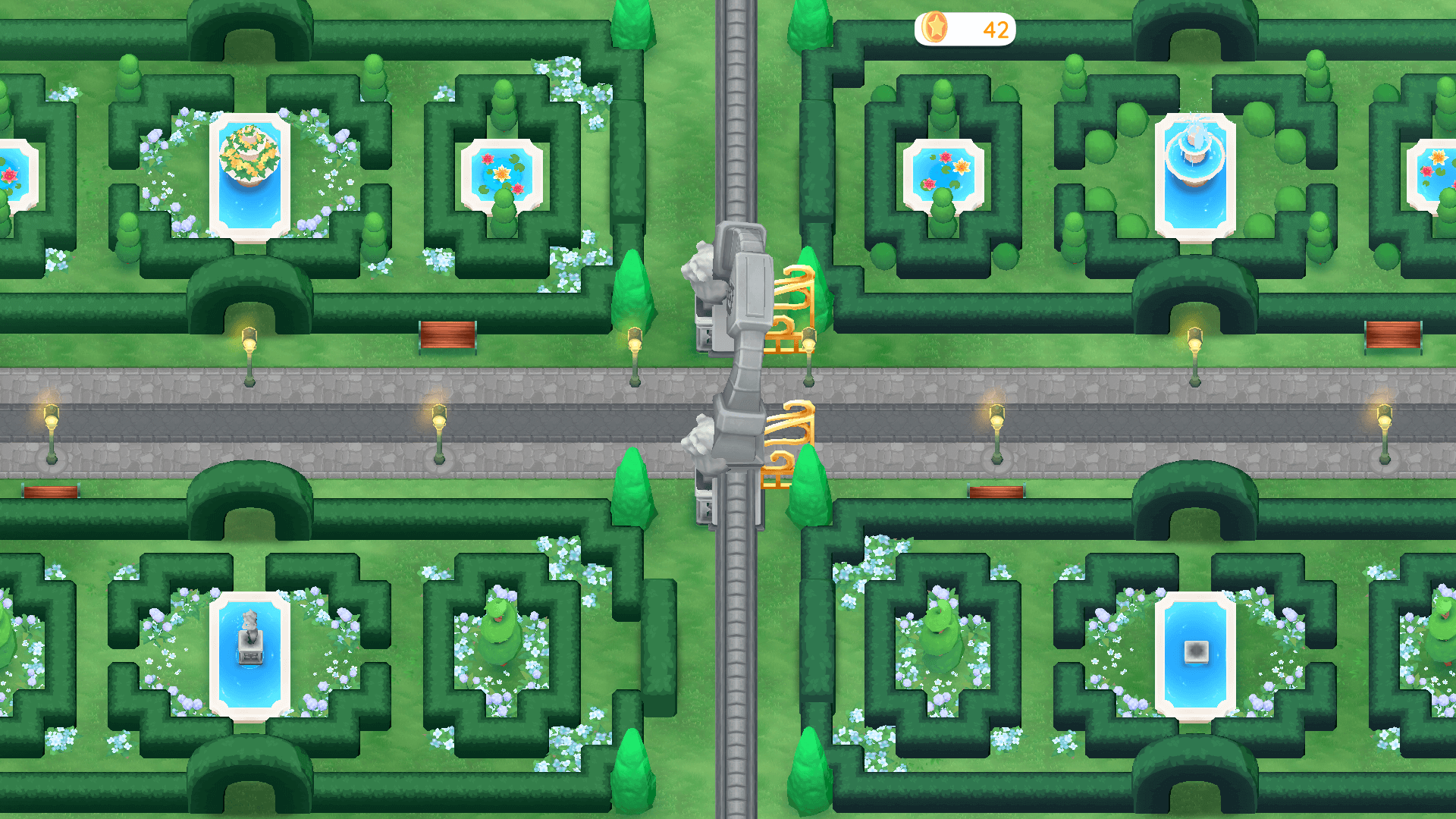 Custom character riding a mower through a vibrant garden maze in Mowing Mazes