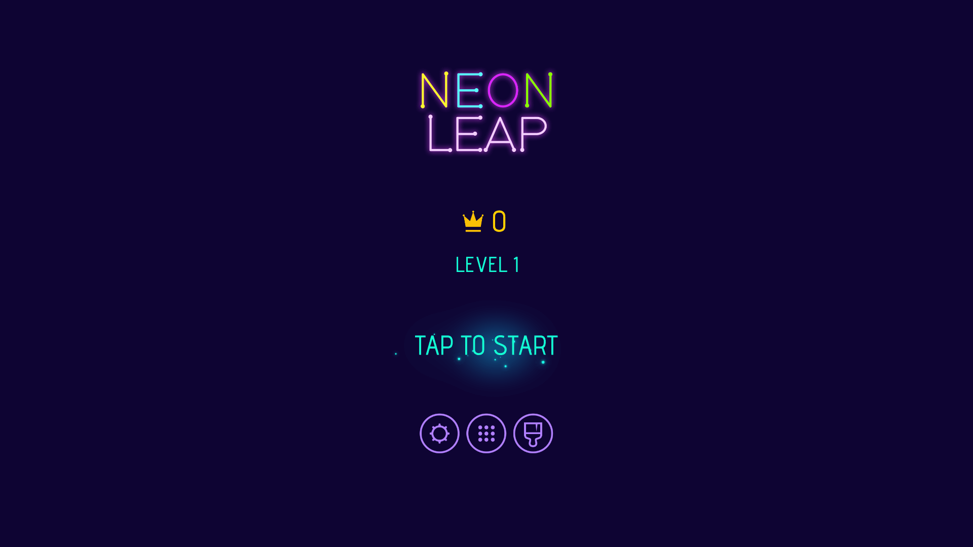 Neon Leap gameplay screenshot with glowing stickman jumping on neon platforms