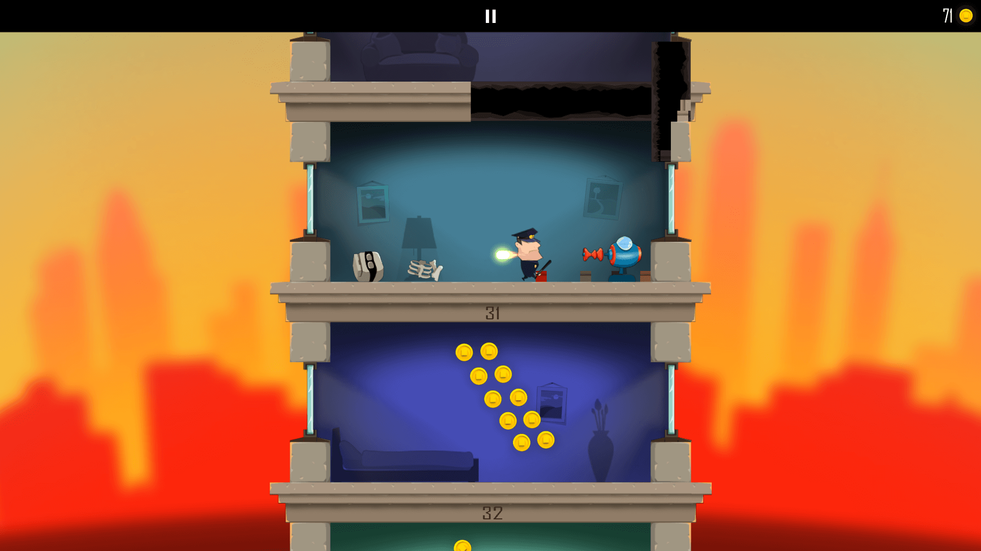 Loot & Scoot main character – funny bank teller falling through floors