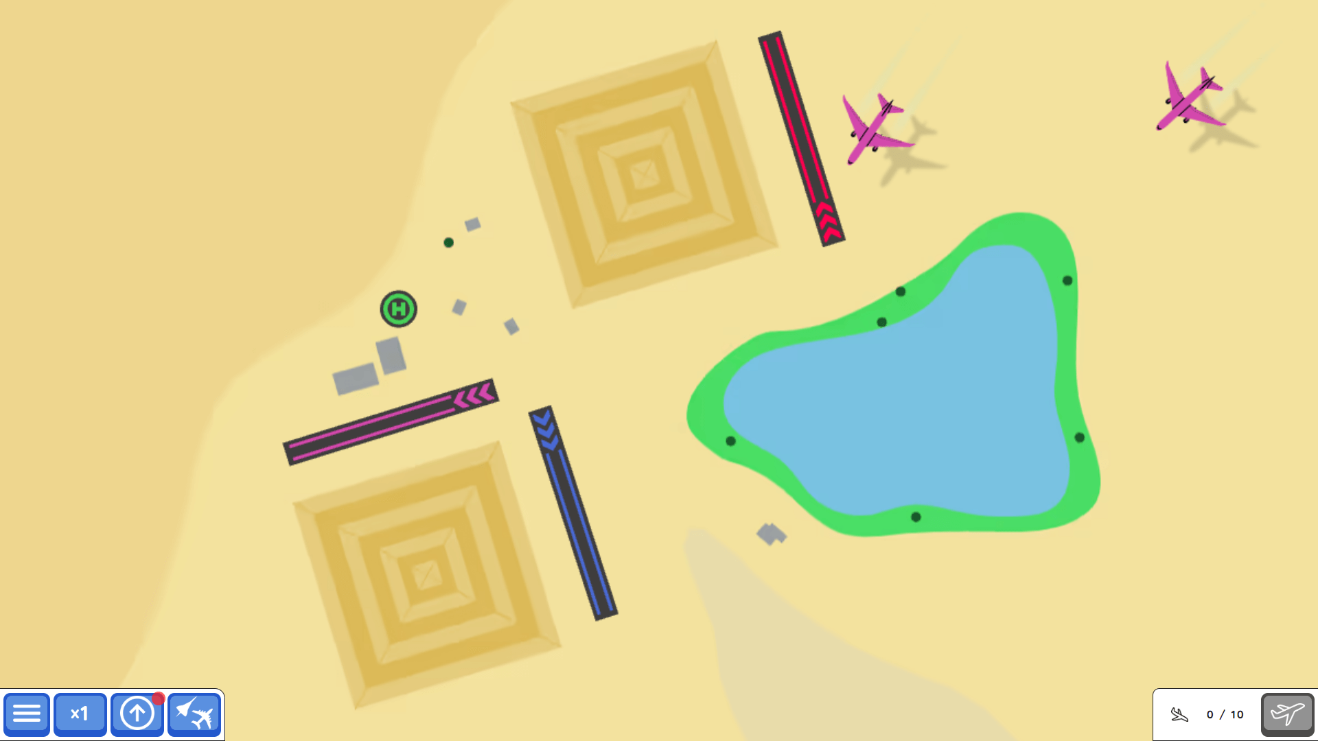 Silly Sky game cover featuring cartoon airplanes flying across colorful skies with runways and helipads below1