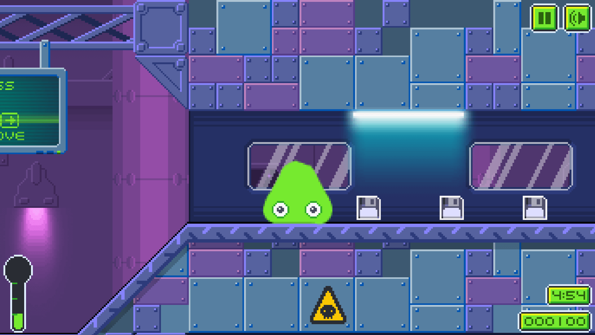 Level complete screen in Slime Laboratory with score and collected disks displayed1