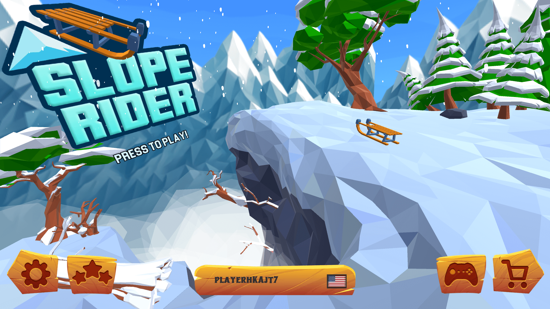 Stickman sledding downhill in Slope Rider avoiding pine trees and snowballs2