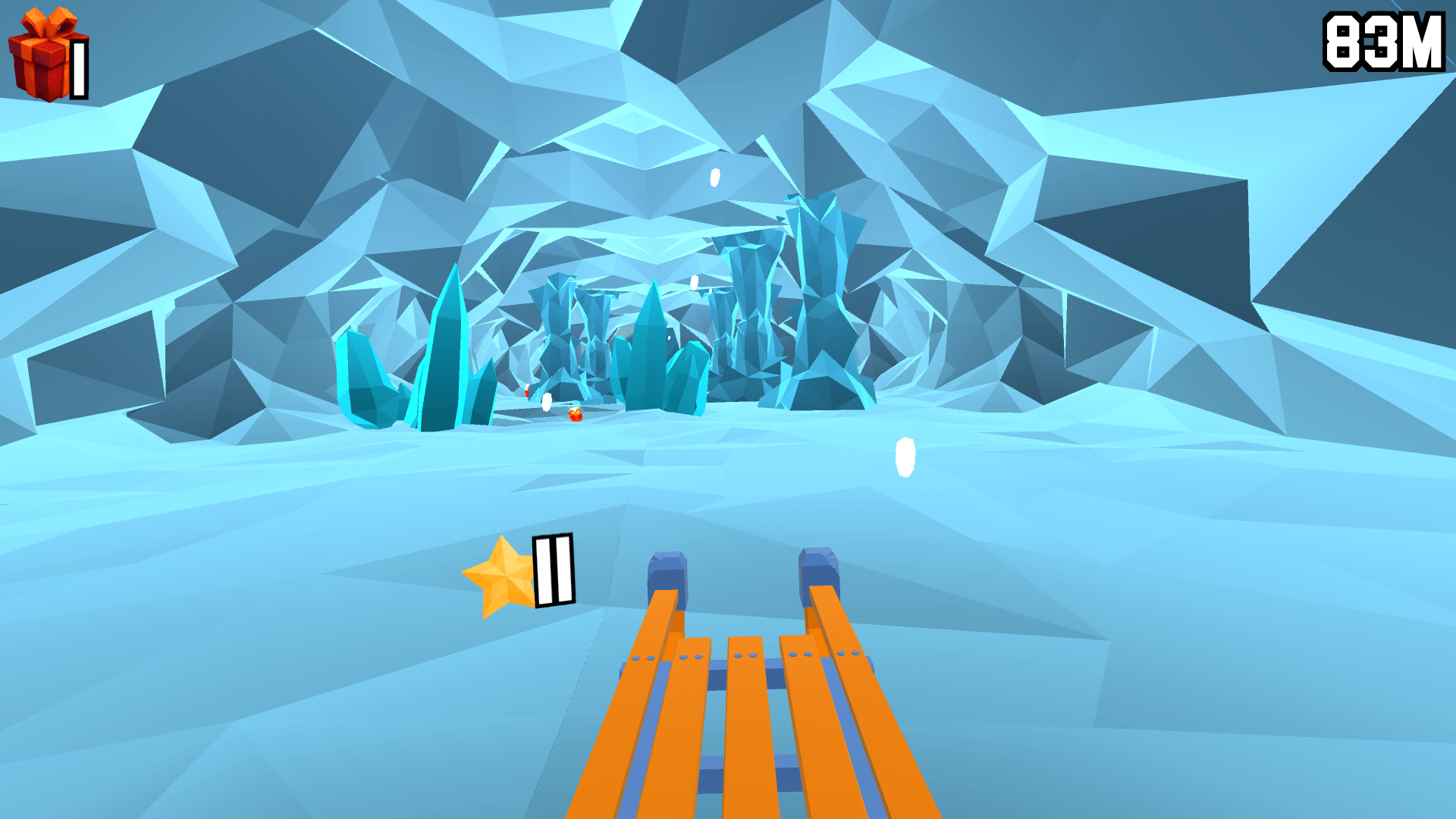 Stickman sledding downhill in Slope Rider avoiding pine trees and snowballs