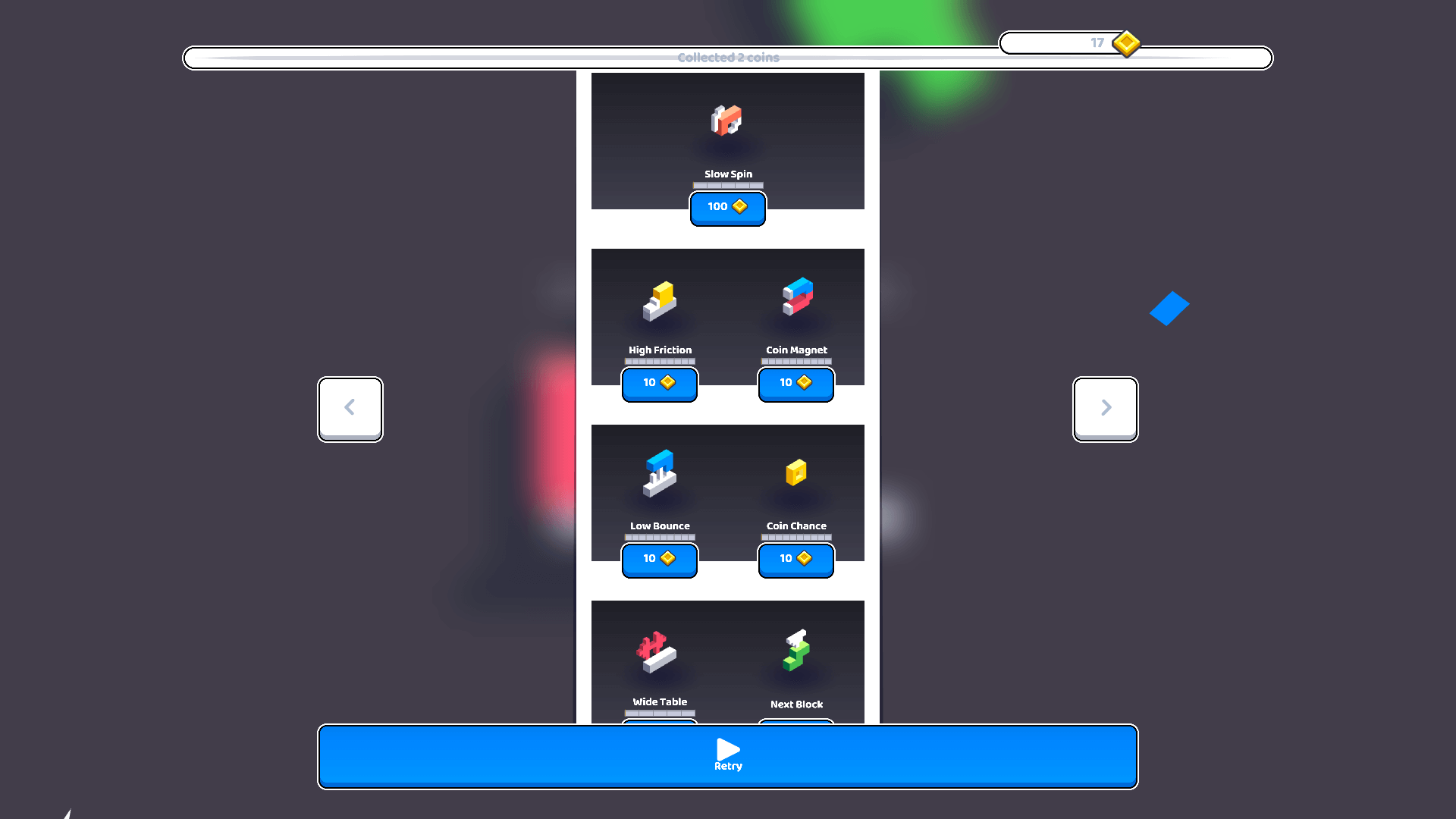 Stacktris interface showing power-ups like Slow Spin and Coin Magnet4