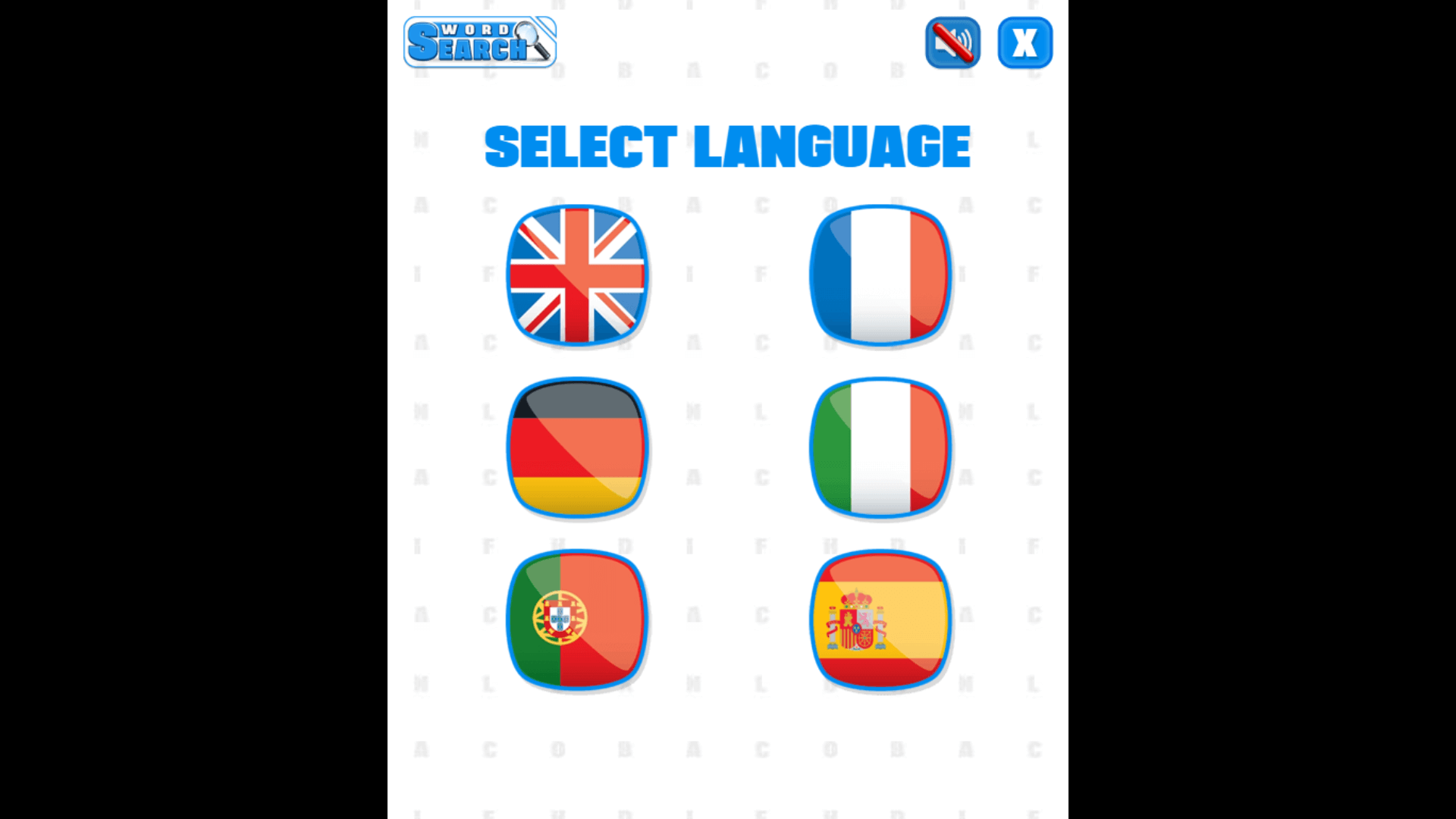 Word Search game interface with Fruits theme selected3