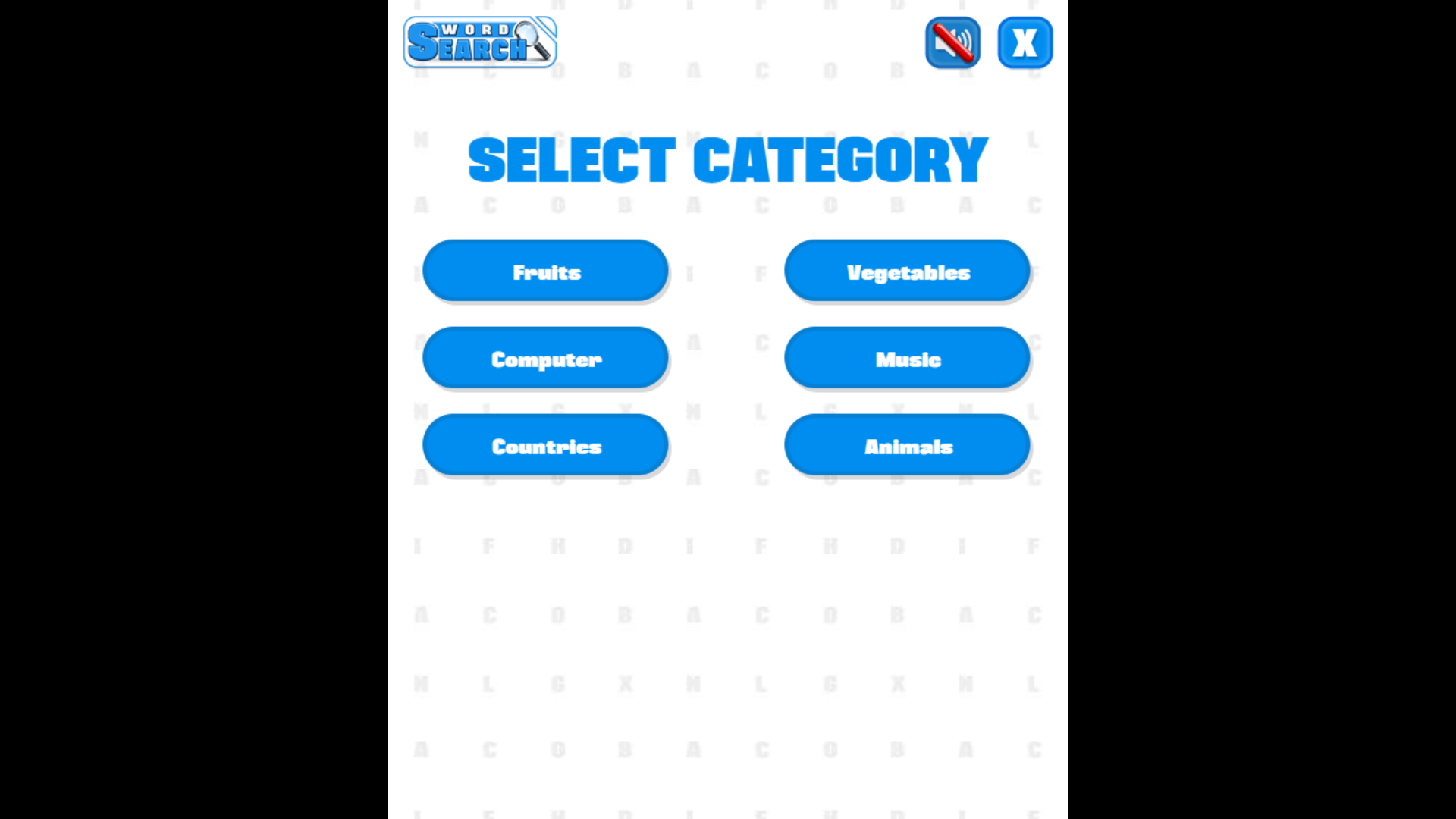 Word Search game interface with Fruits theme selected2