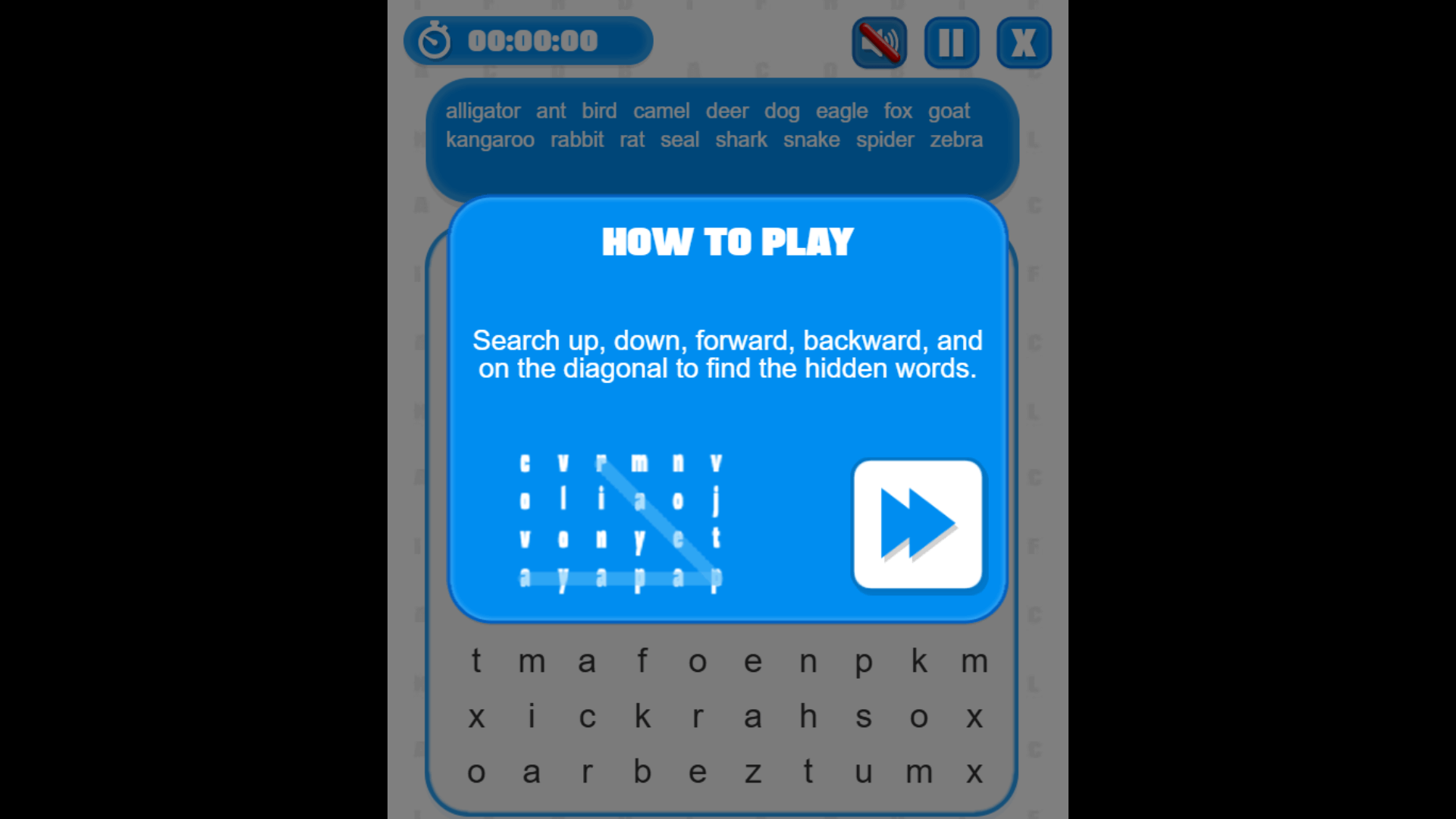 Word Search game interface with Fruits theme selected1