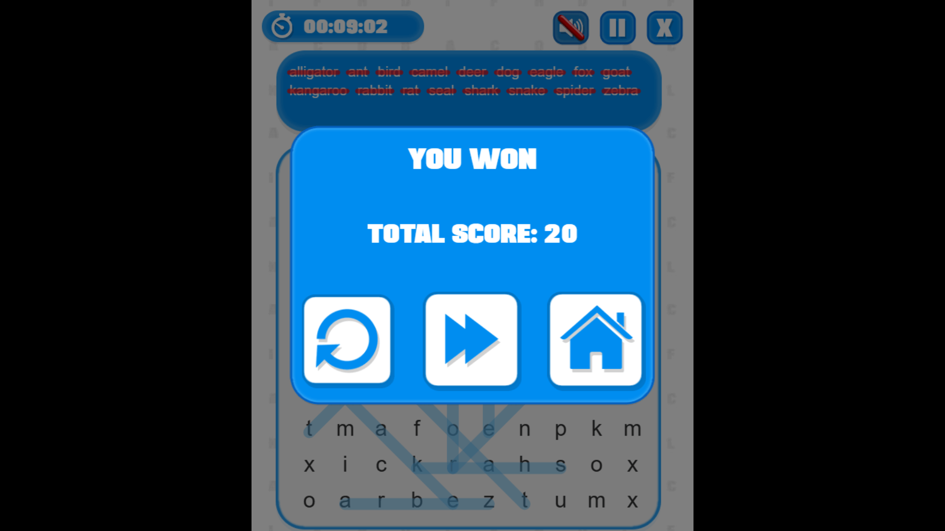 Word Search game interface with Fruits theme selected