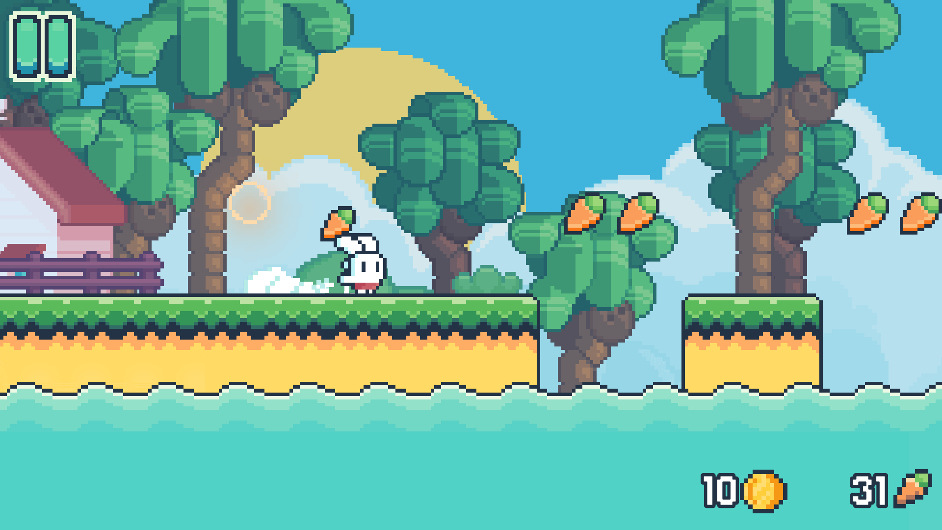 Yeah Bunny jumping over spikes in a pixel art platform level1