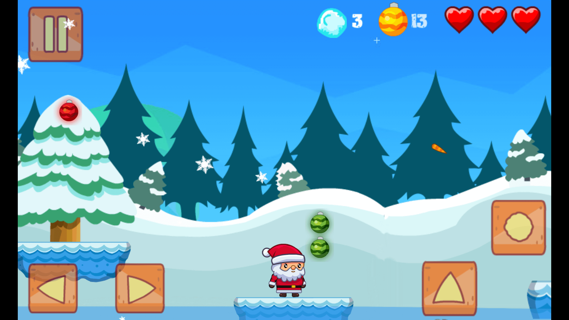 Character running and jumping through snowy levels in Christmas Land Adventure