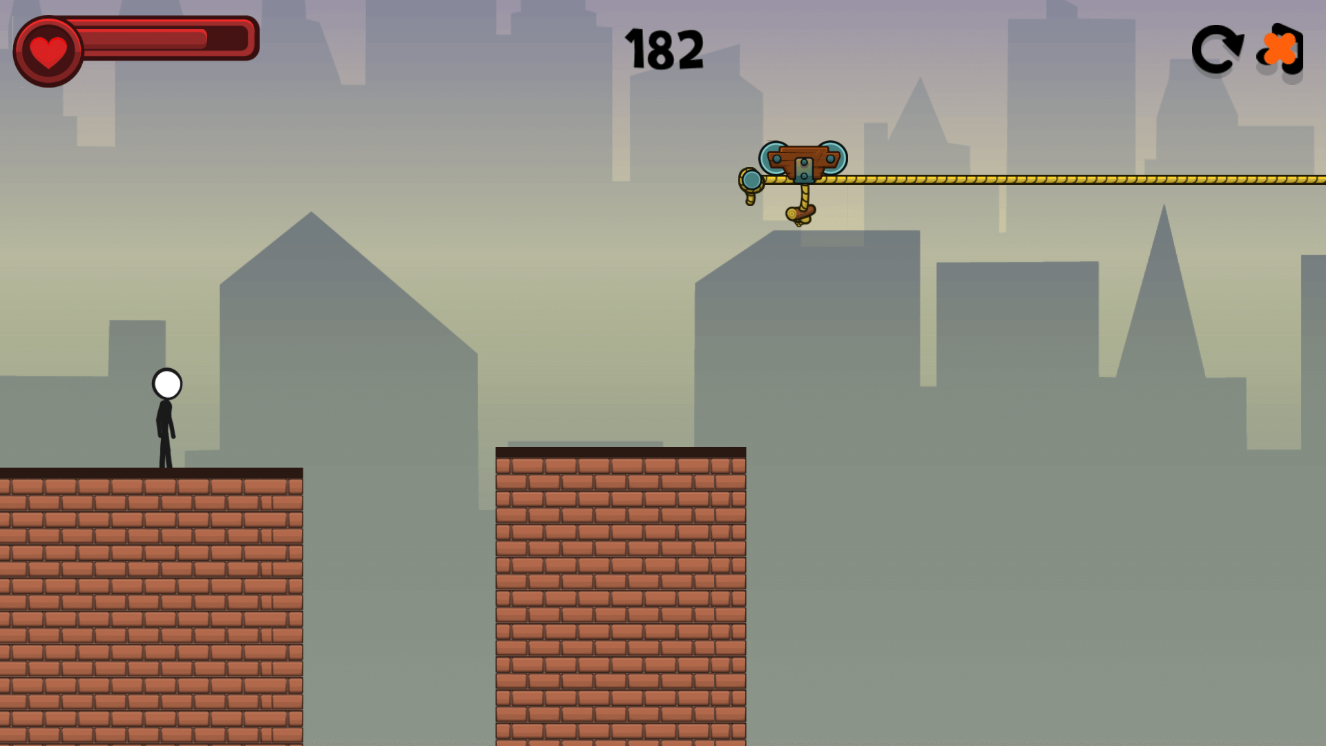 Stickman hero with a bazooka jumping over a chasm in Stickman Race1
